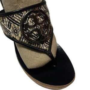 Amputee ONE SHOE TORY BURCH Fete woven raffia thong wedge sandals Sz 7 Women